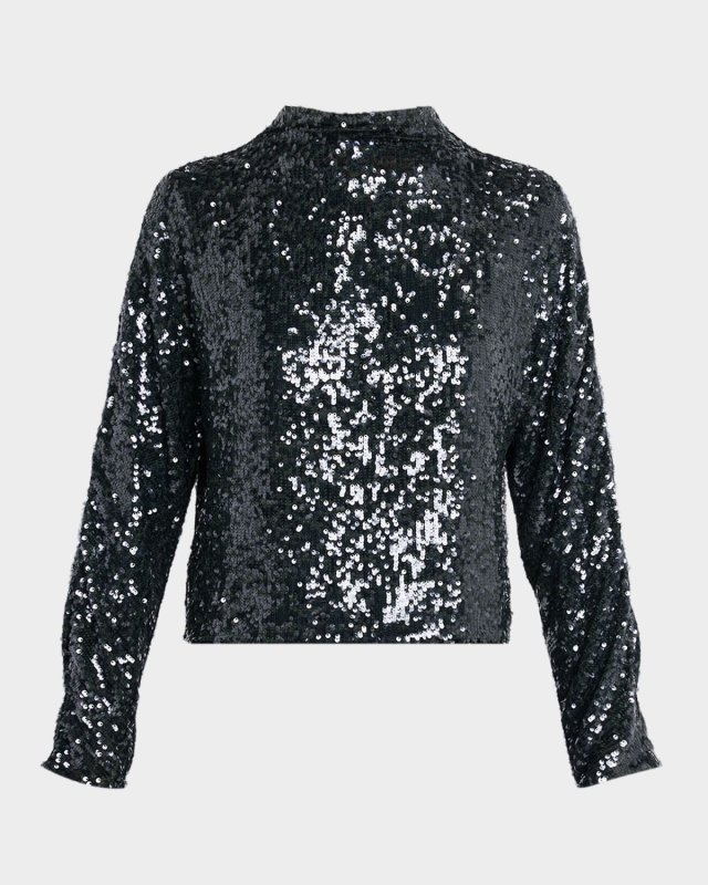 Sequined Mock-Neck Long-Sleeve Blous
